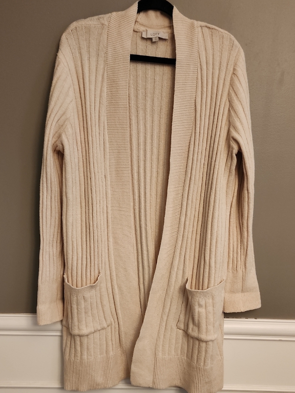 Loft Women's Cream Ribbed Open Cardigan Sweater